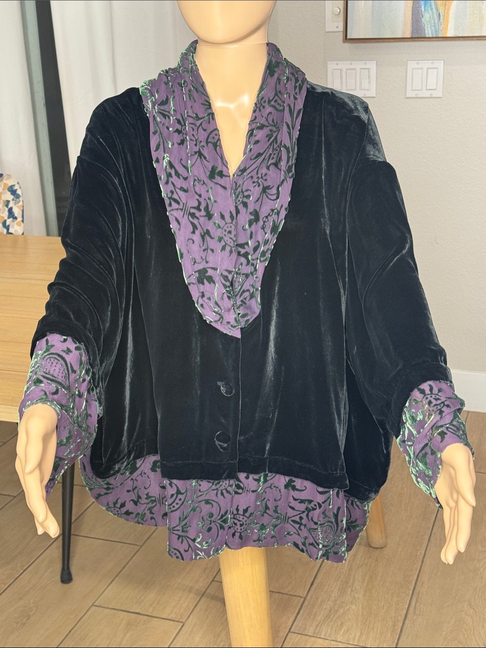 Harari Black Velvet Jacket P/S Purple Green Burnout Floral Art to Wear USA